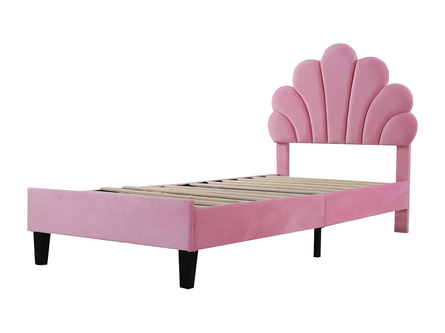 Lit simple capitonné 90x200cm - Tête de lit en forme de fleur, Sommier à lattes en MDF, Tissu en velours Style scandinave - Rose