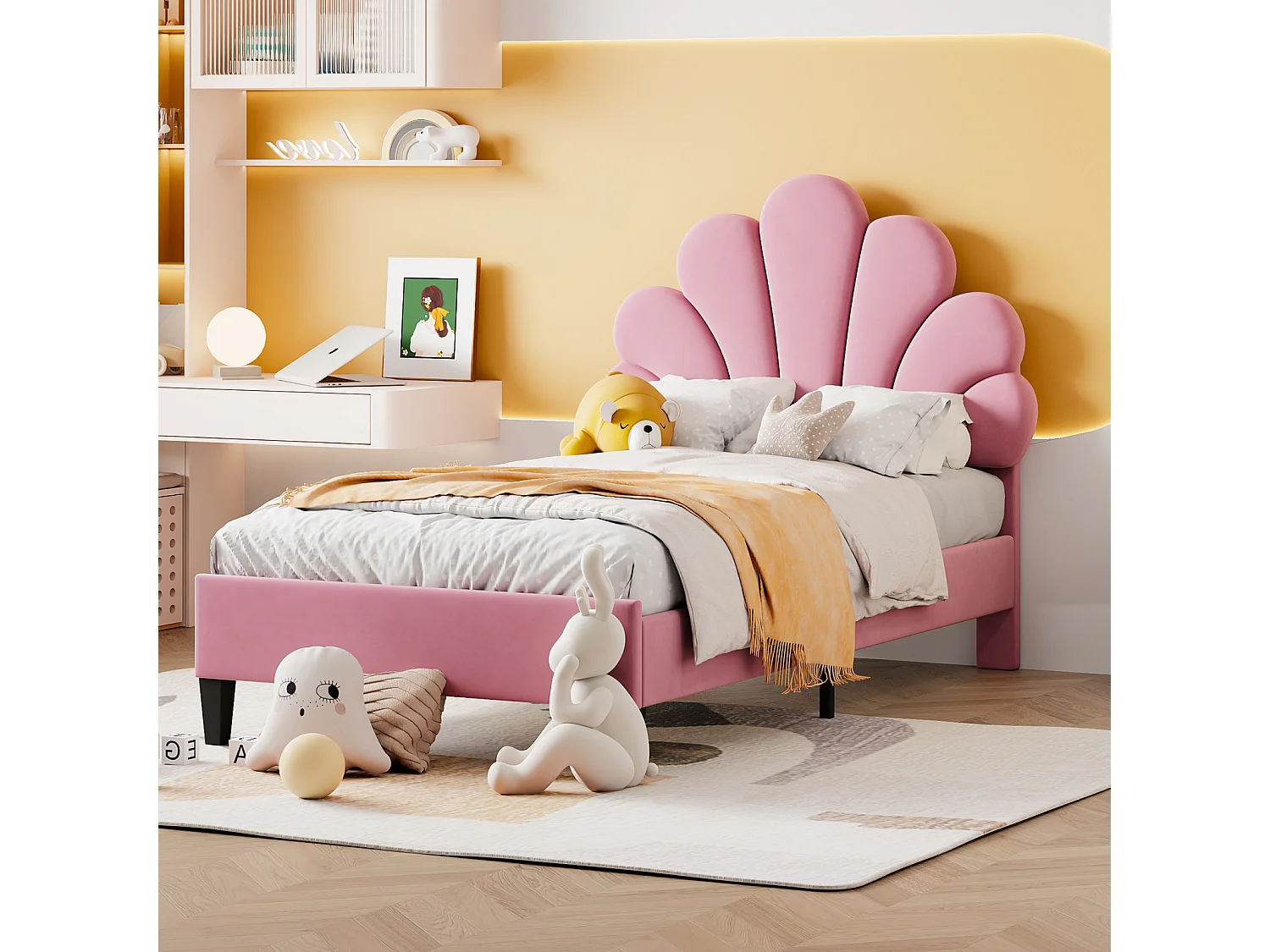 Lit simple capitonné 90x200cm - Tête de lit en forme de fleur, Sommier à lattes en MDF, Tissu en velours Style scandinave - Rose