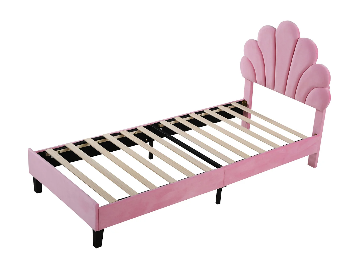 Eenpersoonsbed gestoffeerd 90x200cm - Hoofdbord met bloemen, MDF lattenbodem, fluwelen stof Scandinavische stijl - Roze