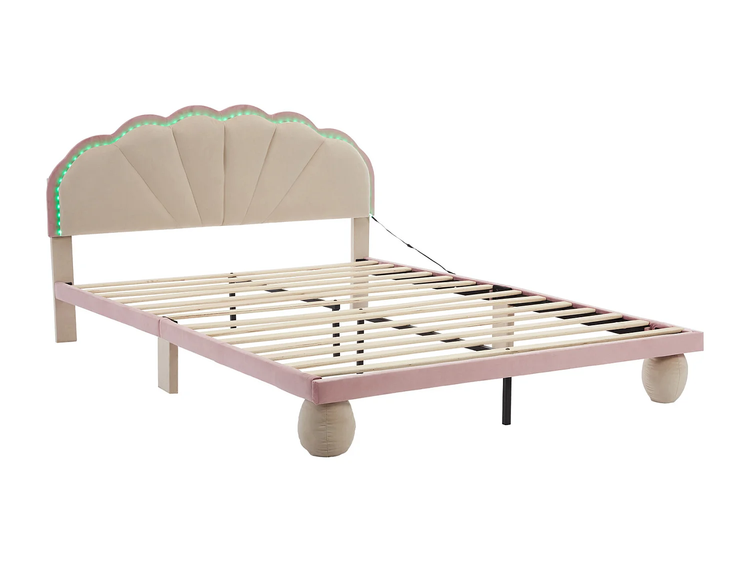 Kinder Doppelbett 140x200cm mit LED Lichtleisten, Samt Flachbett mit Lattenrost und gewelltem Kopfteil, beige+rosa