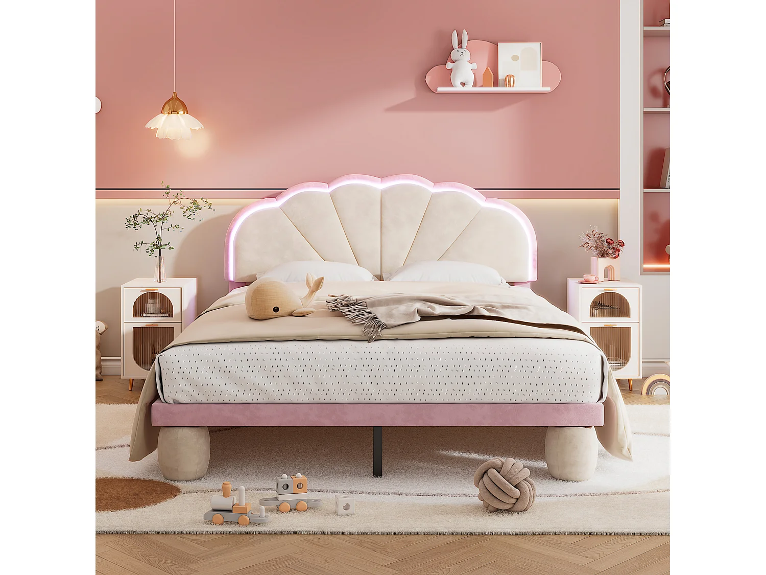 Cama de casal infantil 140x200cm com faixas de luz LED, cama plana em veludo com estrado de ripas e cabeceira ondulada, bege+rosa