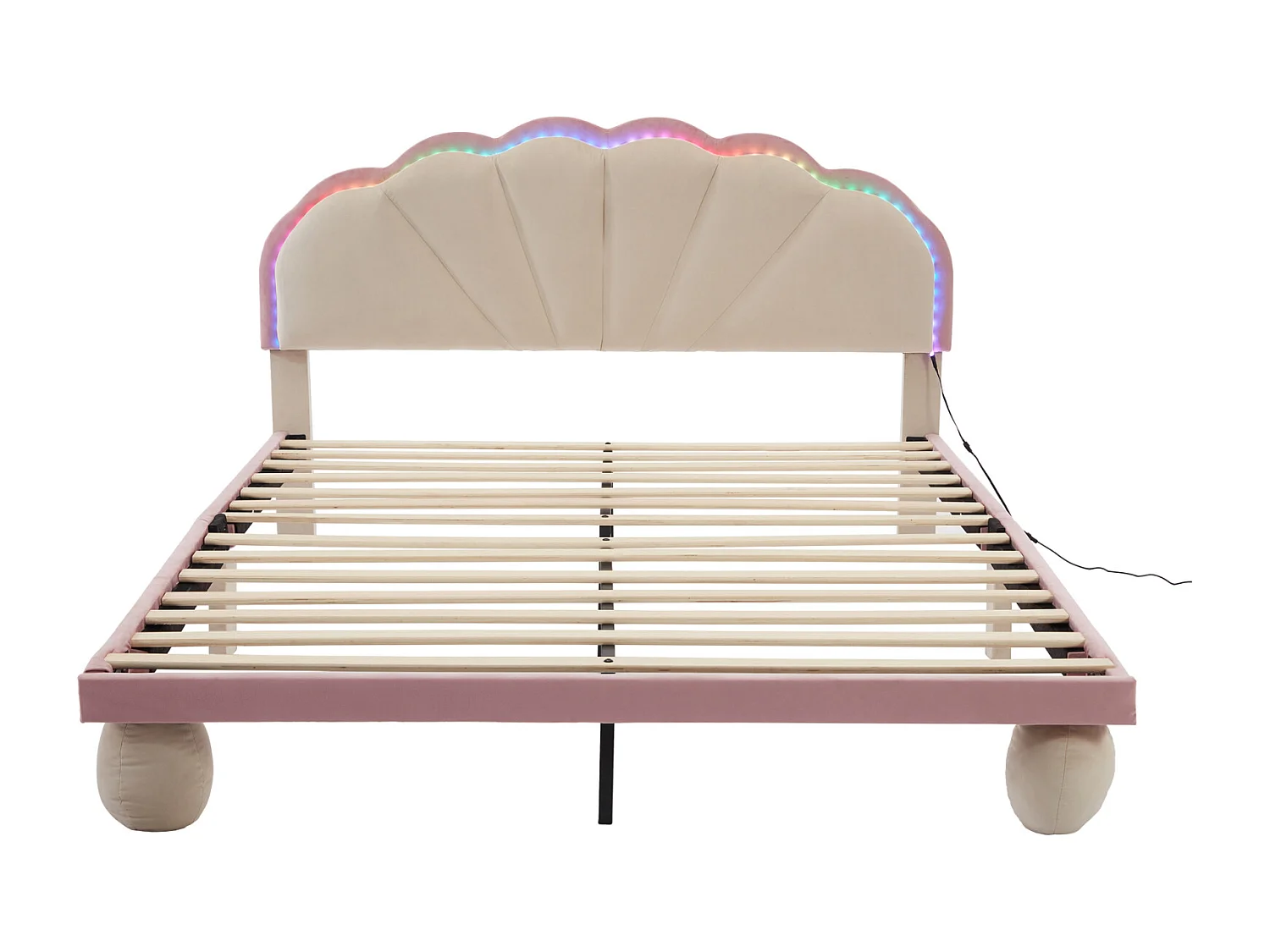 Cama de casal infantil 140x200cm com faixas de luz LED, cama plana em veludo com estrado de ripas e cabeceira ondulada, bege+rosa