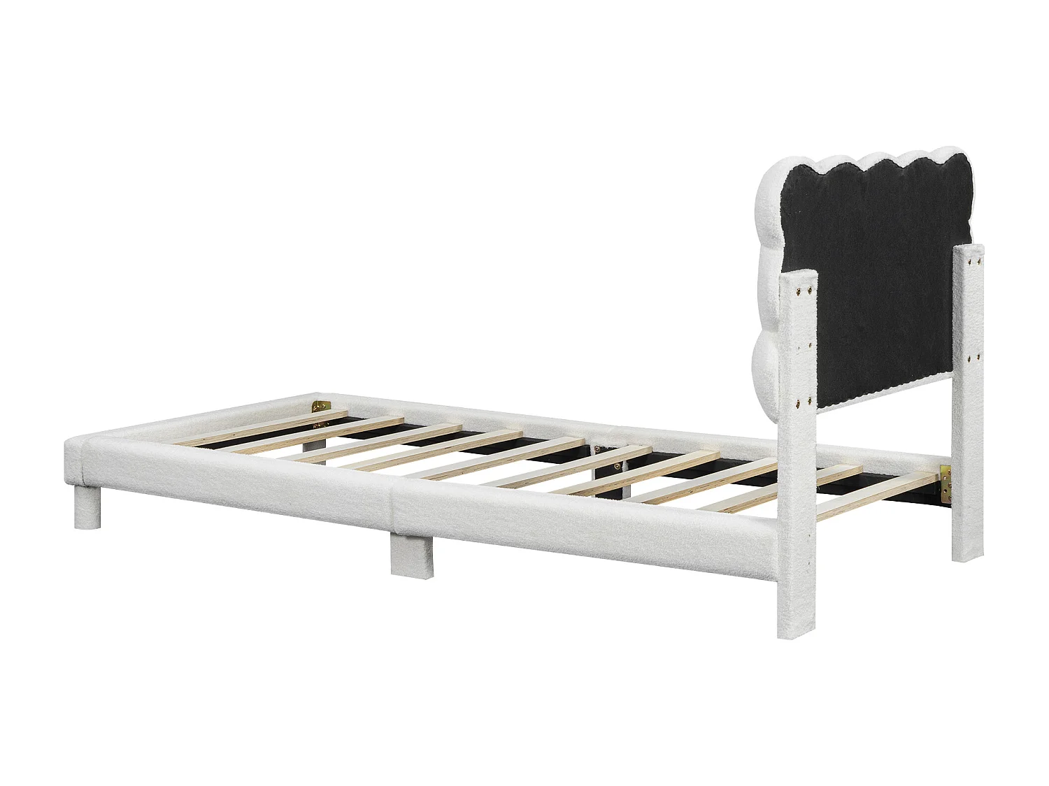 Lit simple 90x200cm, lit plat rembourré avec sommier à lattes et tête de lit réglable, en laine d'agneau, blanc