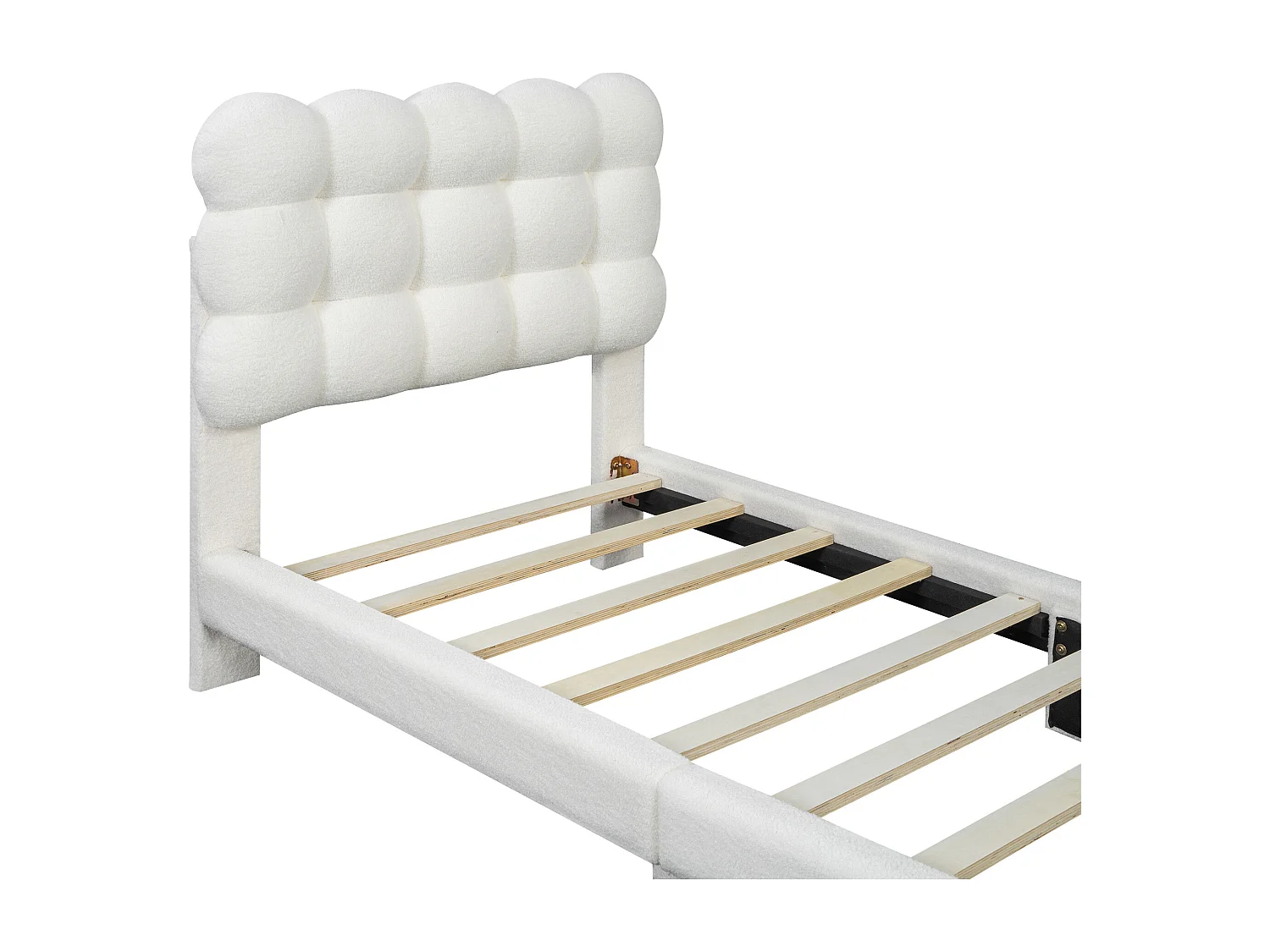 Letto singolo 90x200cm, letto imbottito con rete a doghe e testiera regolabile, in lana d'agnello, bianco