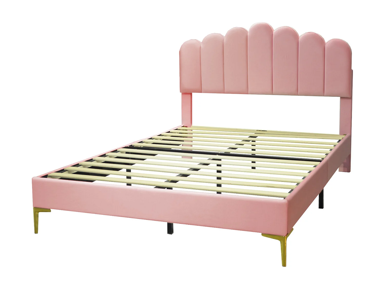 Tweepersoonsbed gestoffeerd 140x200cm - bedframe met lattenbodem en verticaal hoofdeinde in balkstijl voor volwassenen en tieners, fluweel - roze