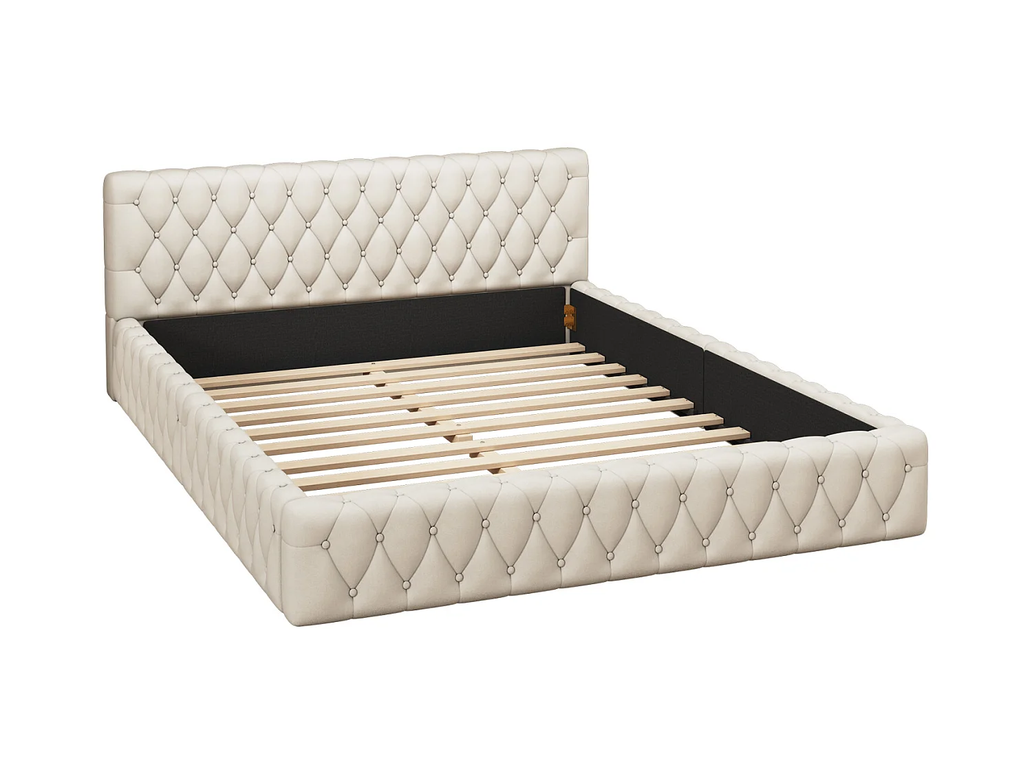 Lit 140x200cm, lit double style scandinave, avec sommier à lattes et tête de lit, sans matelas, tissu velours, blanc