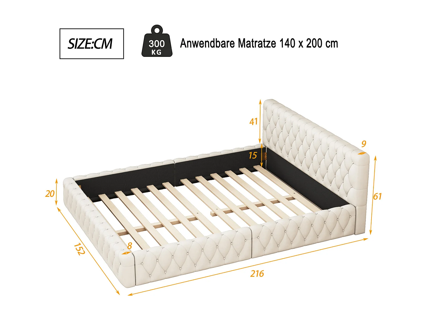 Letto 140x200cm, letto matrimoniale in stile scandinavo, con rete a doghe e testiera, senza materasso, tessuto in velluto, bianco