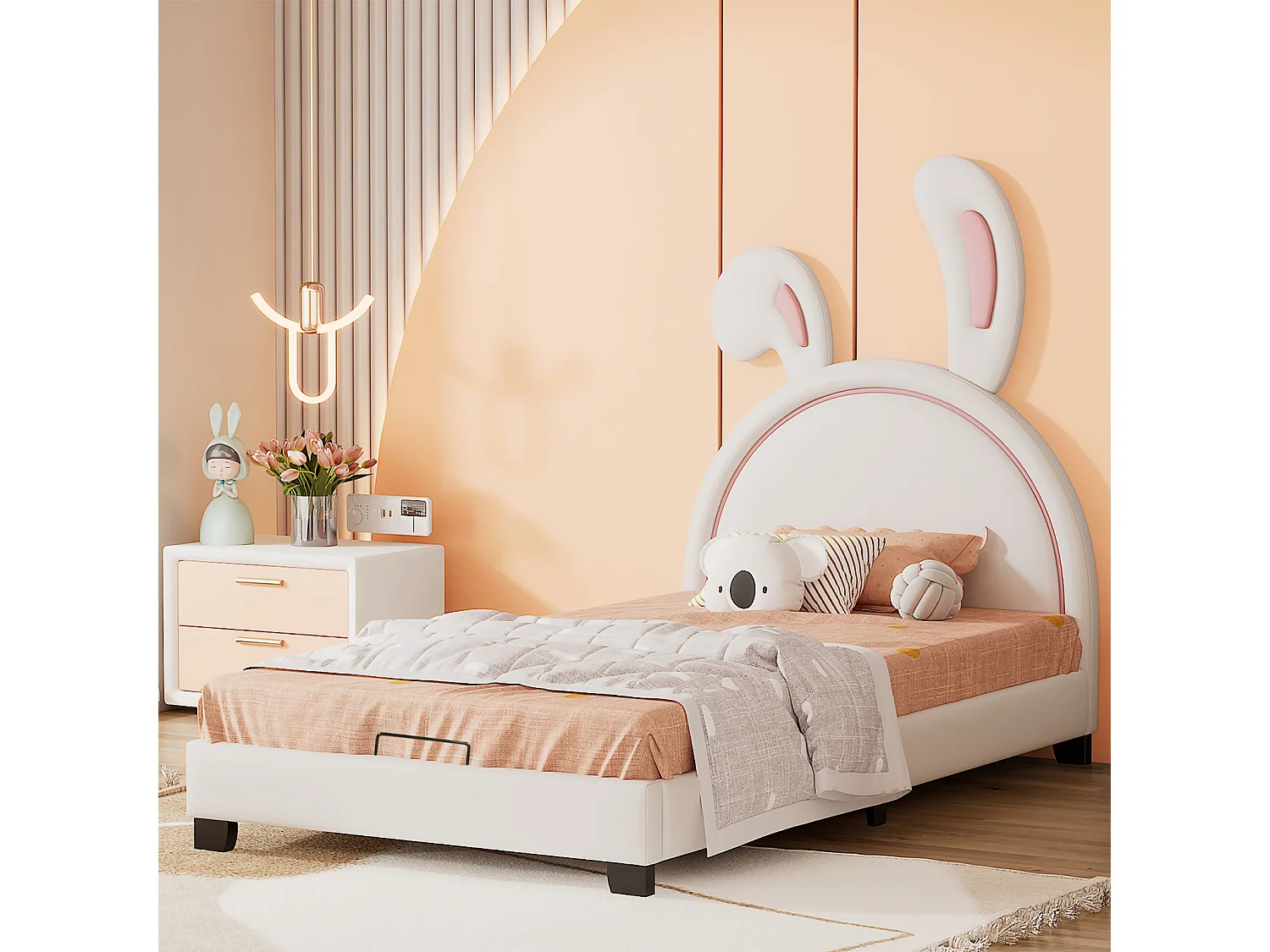 Lit Simple Capitonné 90x200cm - Lit d'Enfant avec Tête de Lit en Forme d'Oreille de Lapin + Sommier à Lattes + Pieds Surélevés -Blanc