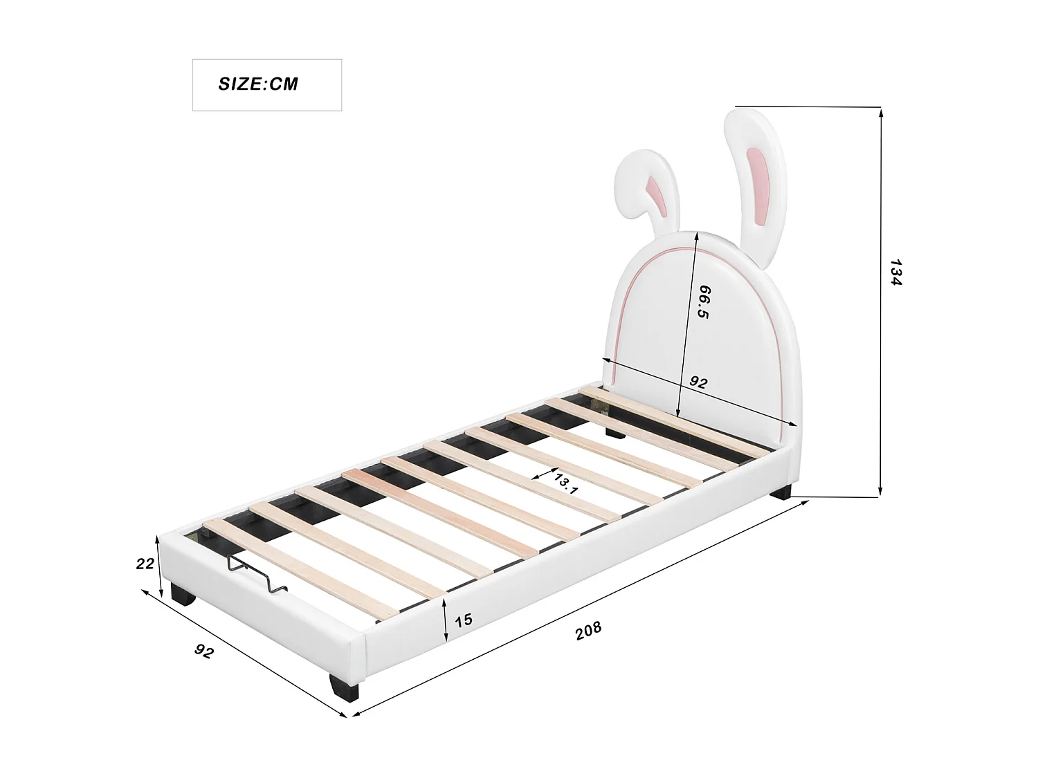 Lit Simple Capitonné 90x200cm - Lit d'Enfant avec Tête de Lit en Forme d'Oreille de Lapin + Sommier à Lattes + Pieds Surélevés -Blanc