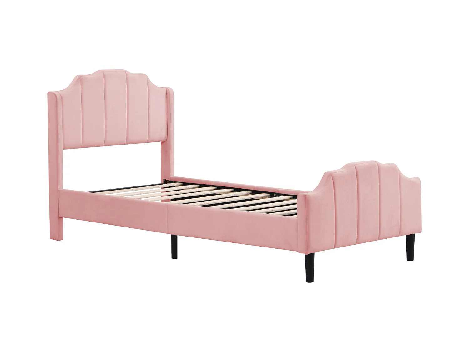 Lit simple capitonné 90 x 200 cm - lit velours 2 places, Cadre de lit en bois MDF, Sommier à lattes inclus - Rose