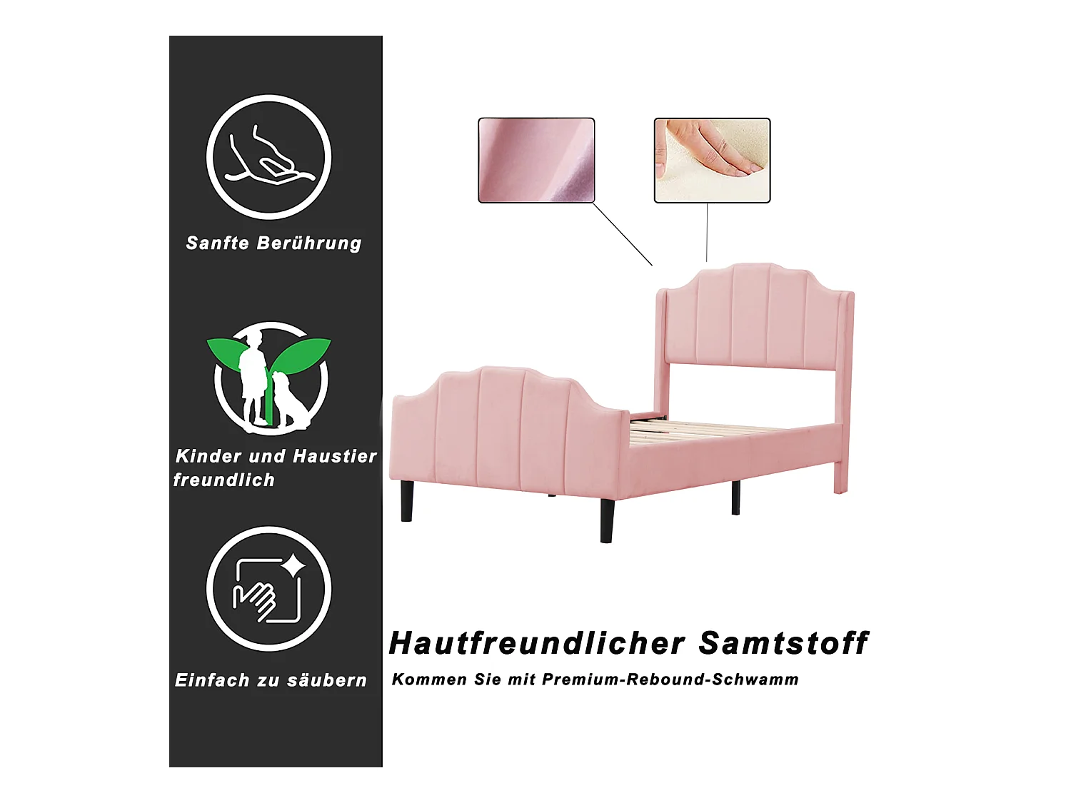 Lit simple capitonné 90 x 200 cm - lit velours 2 places, Cadre de lit en bois MDF, Sommier à lattes inclus - Rose