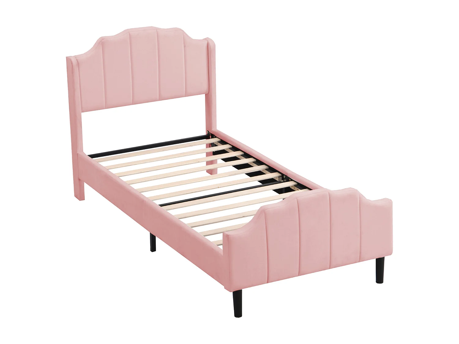 Lit simple capitonné 90 x 200 cm - lit velours 2 places, Cadre de lit en bois MDF, Sommier à lattes inclus - Rose