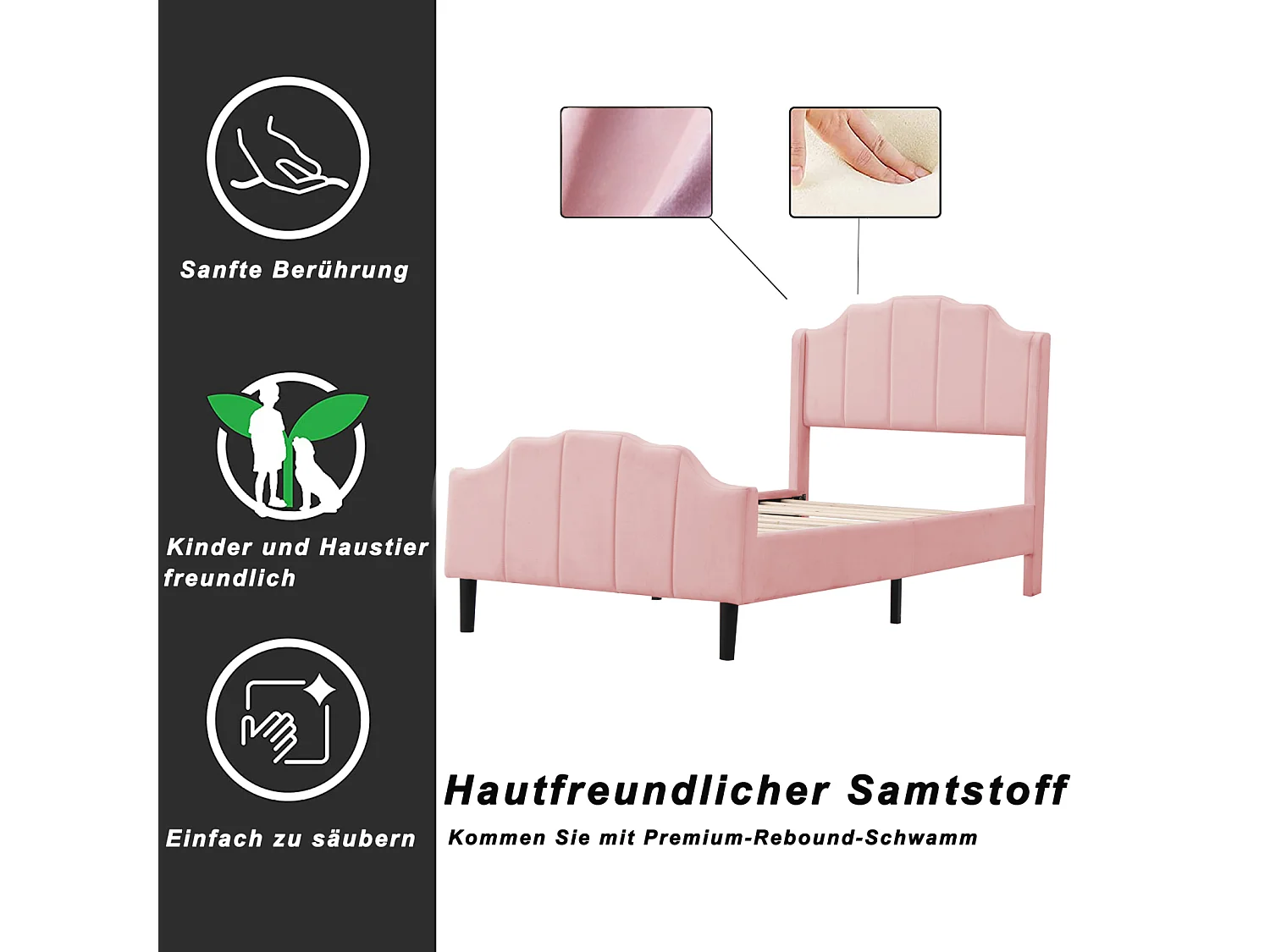 Eenpersoonsbed gestoffeerd 90 x 200 cm - 2-zits fluwelen bed, MDF houten bedframe, Inclusief lattenbodem - Roze