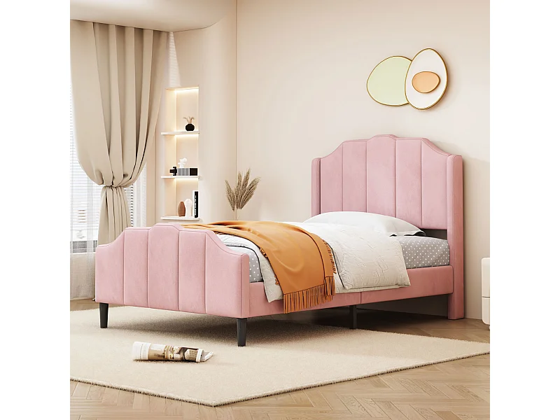 Eenpersoonsbed gestoffeerd 90 x 200 cm - 2-zits fluwelen bed, MDF houten bedframe, Inclusief lattenbodem - Roze