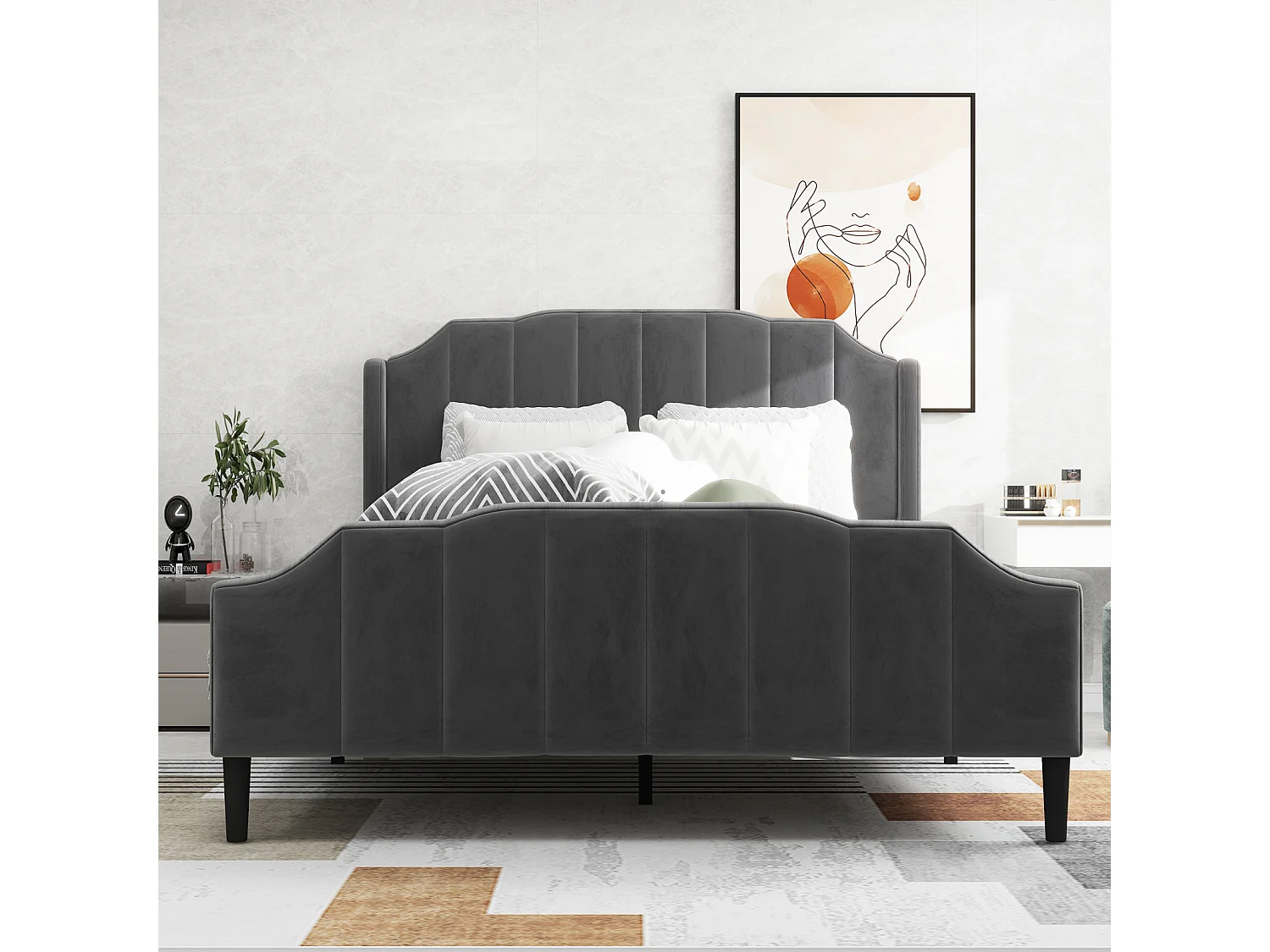 Lit double capitonné 140 x 200 cm - lit velours 2 places, Cadre de lit en bois MDF, Sommier à lattes inclus - Gris