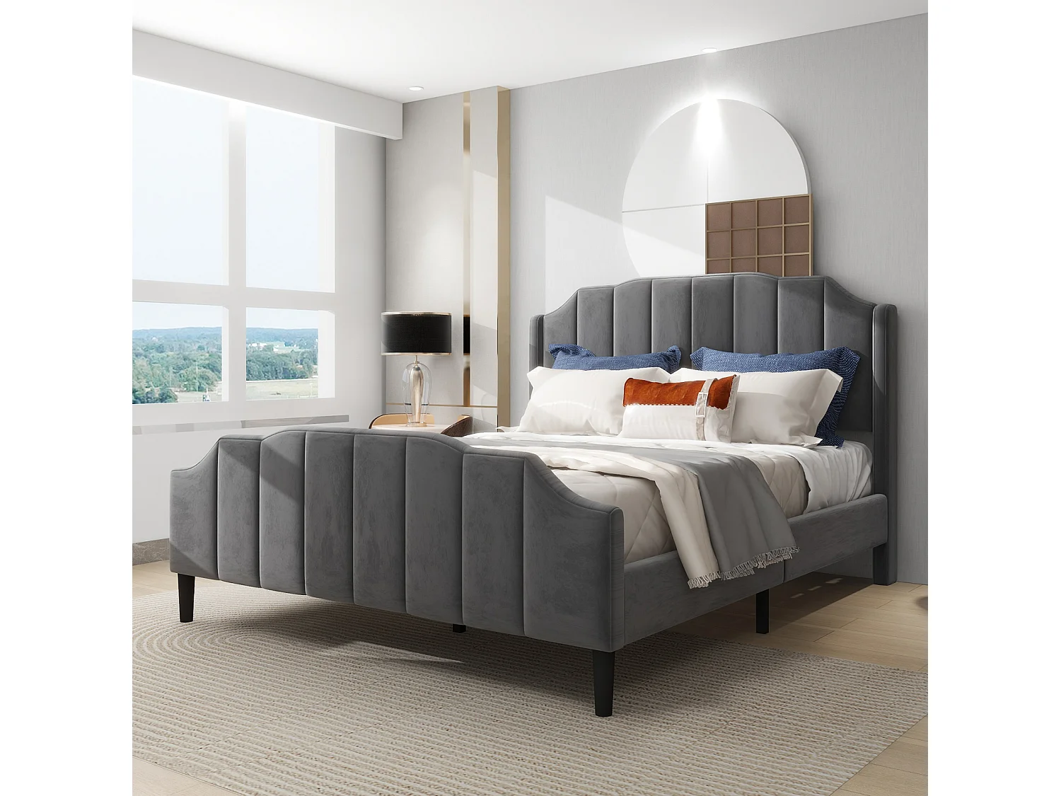 Lit double capitonné 140 x 200 cm - lit velours 2 places, Cadre de lit en bois MDF, Sommier à lattes inclus - Gris