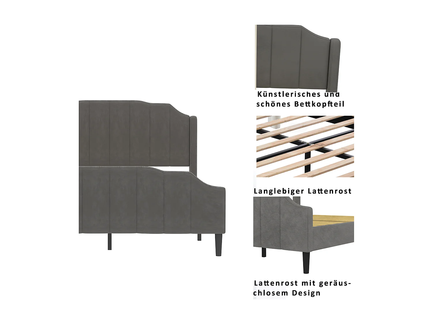 Lit double capitonné 140 x 200 cm - lit velours 2 places, Cadre de lit en bois MDF, Sommier à lattes inclus - Gris