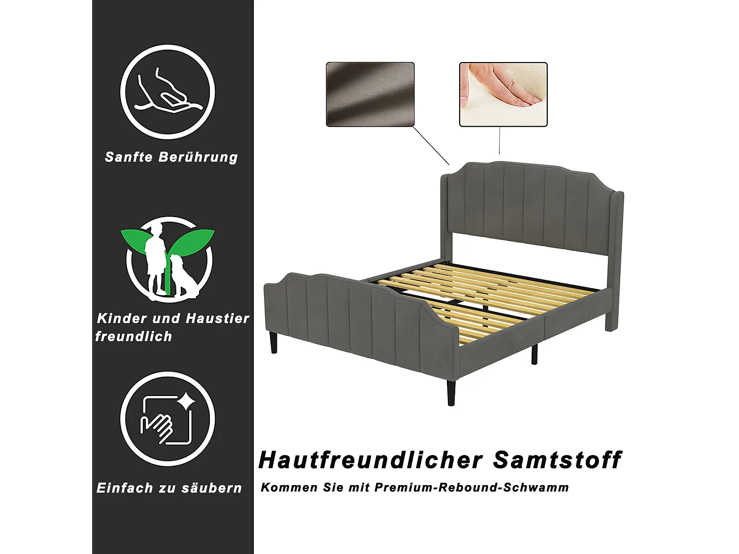 Lit double capitonné 140 x 200 cm - lit velours 2 places, Cadre de lit en bois MDF, Sommier à lattes inclus - Gris