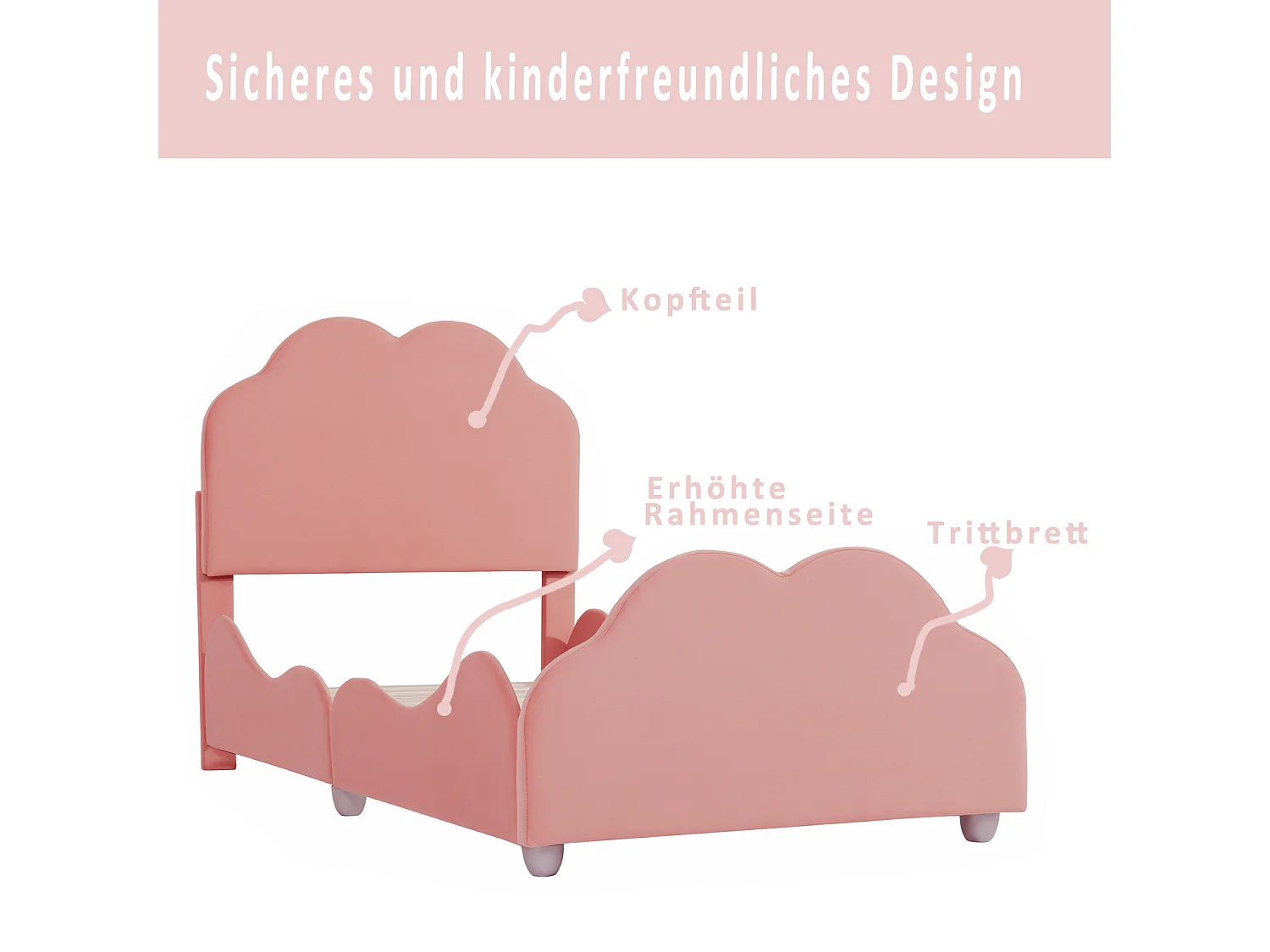 Cama de solteiro 90x200cm, cama de criança com estrado de ripas e cabeceira e peseira em forma de nuvem, cama veludo rosa