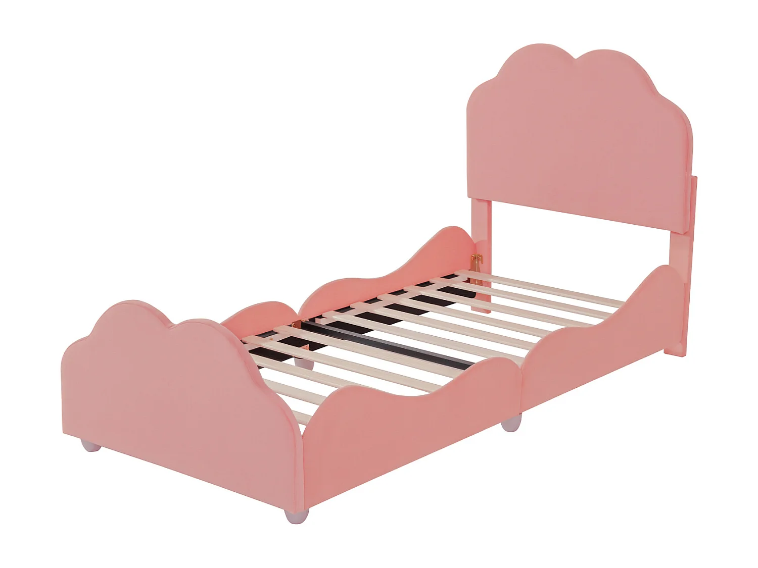 Cama de solteiro 90x200cm, cama de criança com estrado de ripas e cabeceira e peseira em forma de nuvem, cama veludo rosa