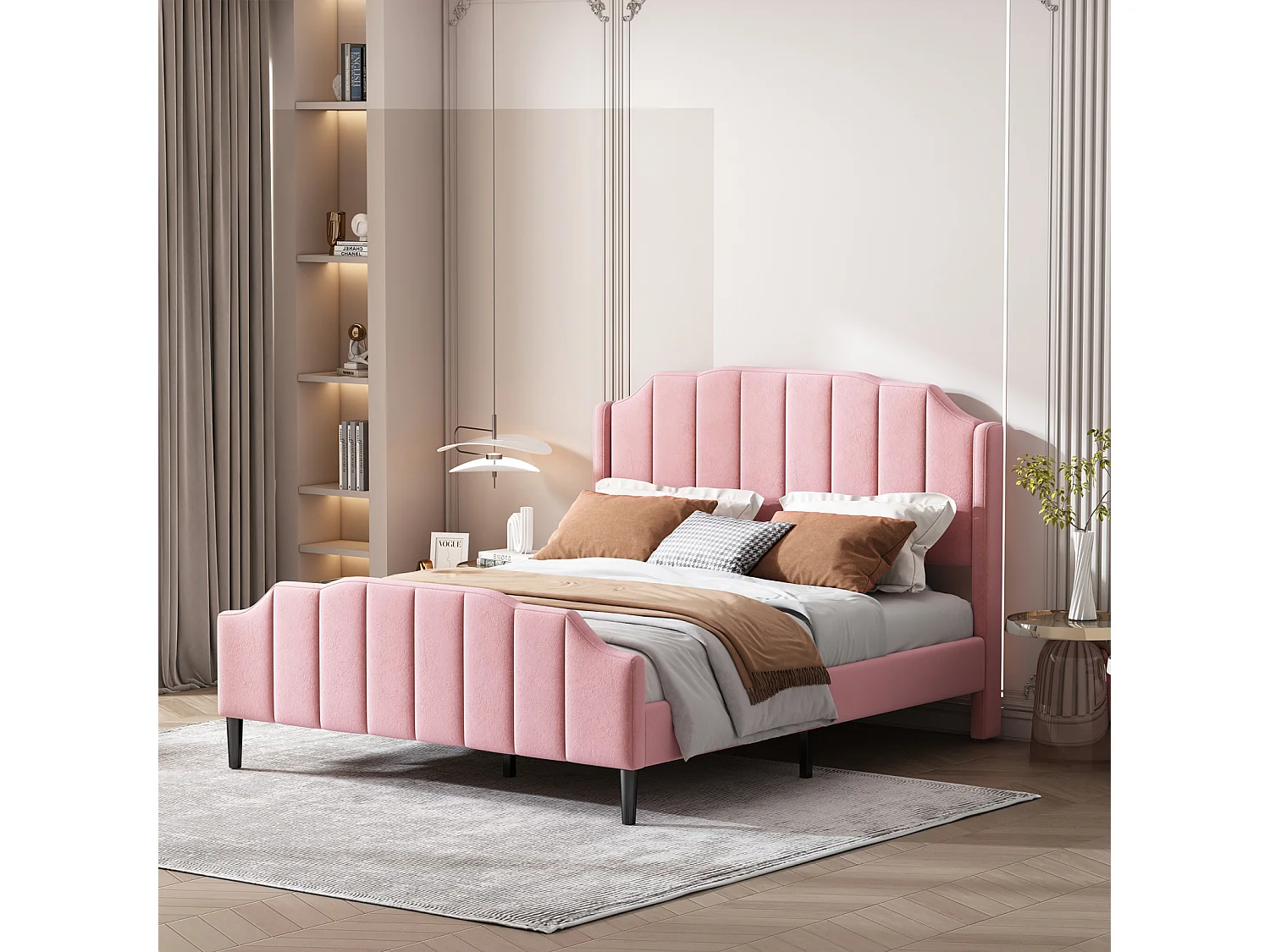 Tweepersoonsbed gestoffeerd 140 x 200 cm - 2-zits fluwelen bed, MDF houten bedframe, Inclusief lattenbodem - Roze
