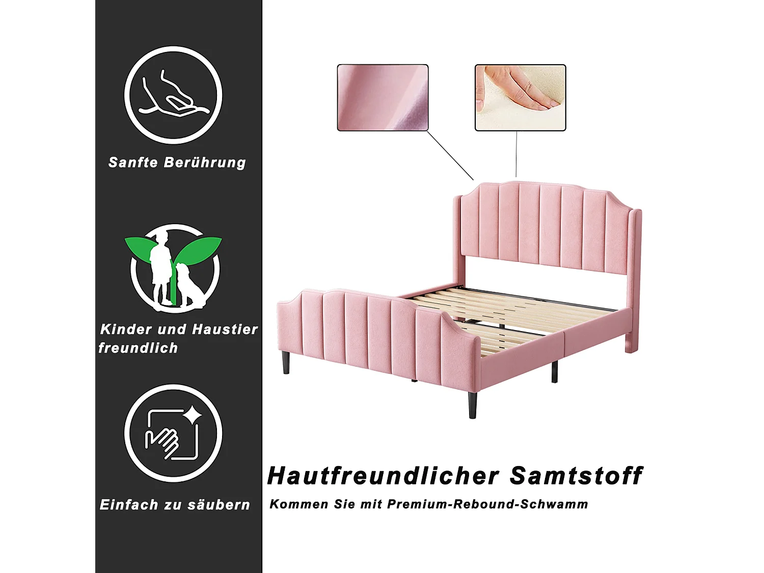 Tweepersoonsbed gestoffeerd 140 x 200 cm - 2-zits fluwelen bed, MDF houten bedframe, Inclusief lattenbodem - Roze