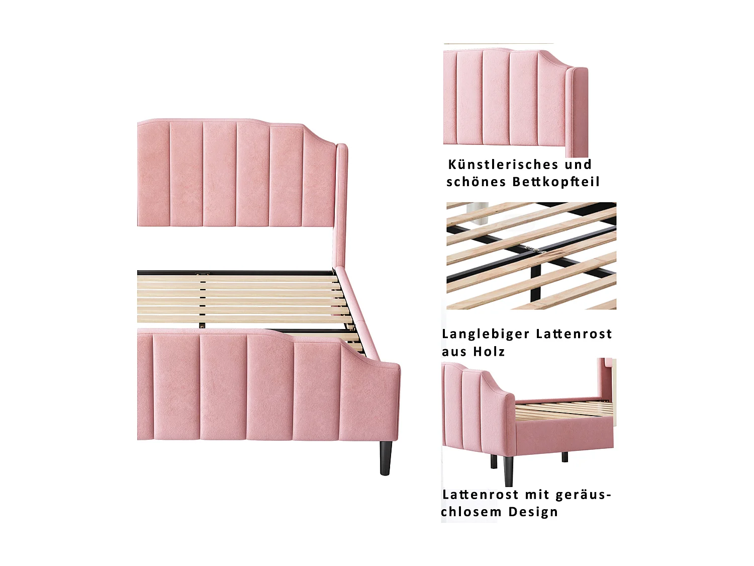 Tweepersoonsbed gestoffeerd 140 x 200 cm - 2-zits fluwelen bed, MDF houten bedframe, Inclusief lattenbodem - Roze