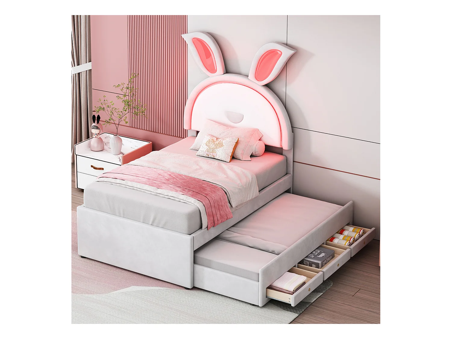 Letto estraibile 90x200+90x190cm, letto per bambini rivestito in tessuto di velluto, con cassetto contenitore, testiera LED con orecchie di coniglio, beige
