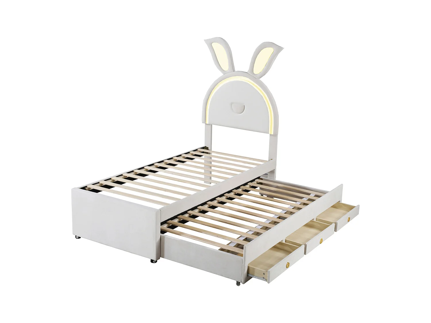 Lit gigogne 90x200+90x190cm, lit enfant capitonné en tissu velours, avec tiroir de rangement, tête de lit LED avec oreilles de lapin, beige