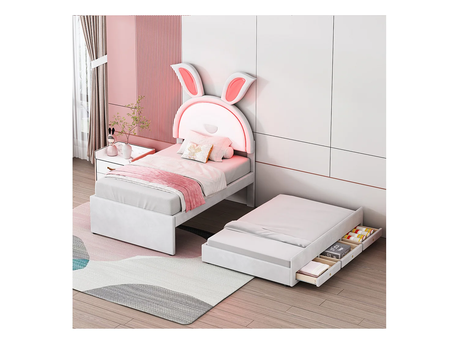Lit gigogne 90x200+90x190cm, lit enfant capitonné en tissu velours, avec tiroir de rangement, tête de lit LED avec oreilles de lapin, beige