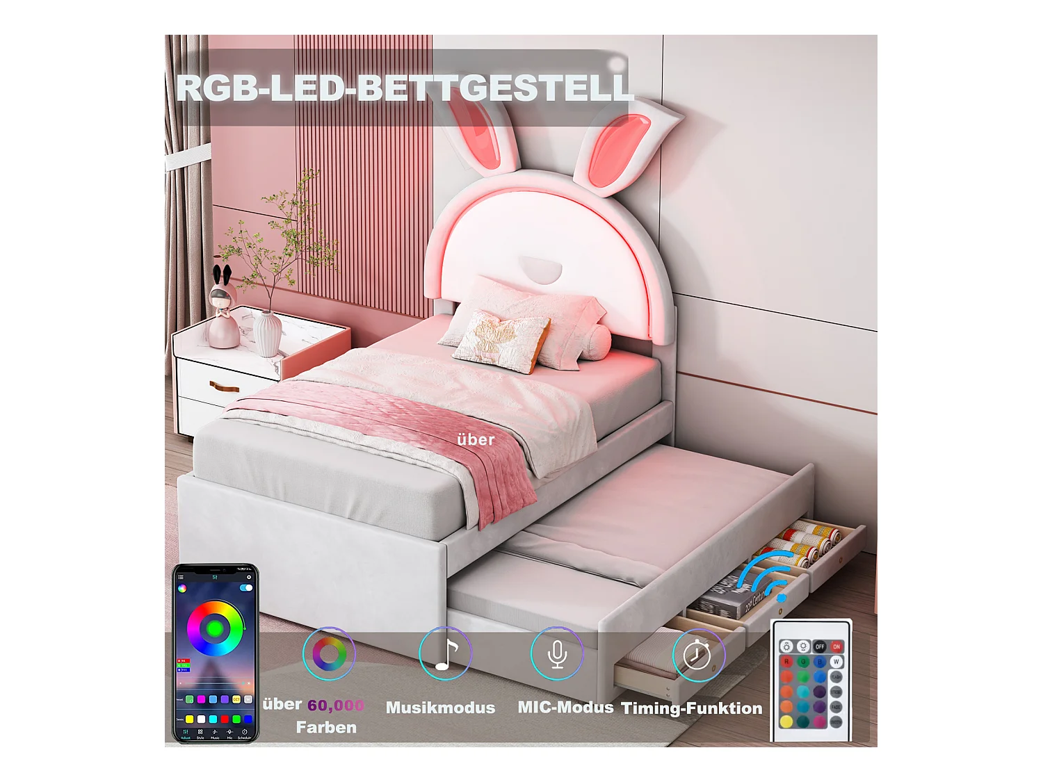 Lit gigogne 90x200+90x190cm, lit enfant capitonné en tissu velours, avec tiroir de rangement, tête de lit LED avec oreilles de lapin, beige
