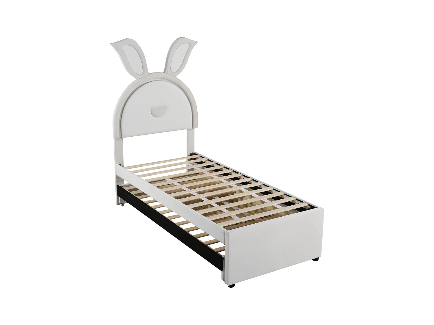 Lit gigogne 90x200+90x190cm, lit enfant capitonné en tissu velours, avec tiroir de rangement, tête de lit LED avec oreilles de lapin, beige