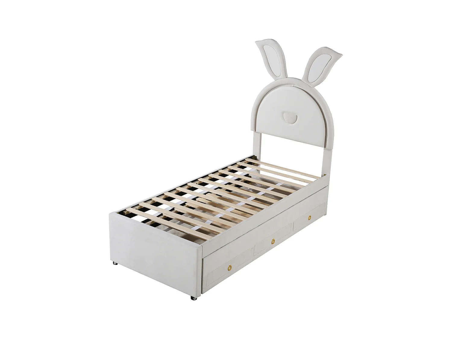 Lit gigogne 90x200+90x190cm, lit enfant capitonné en tissu velours, avec tiroir de rangement, tête de lit LED avec oreilles de lapin, beige