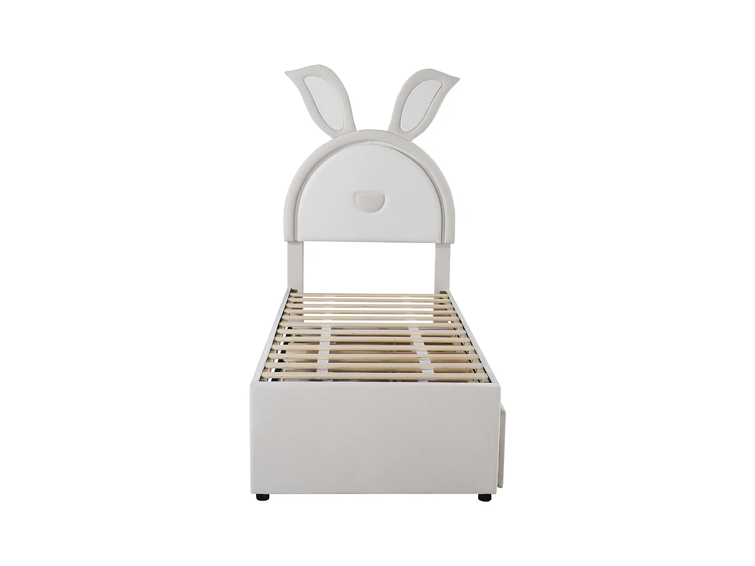 Lit gigogne 90x200+90x190cm, lit enfant capitonné en tissu velours, avec tiroir de rangement, tête de lit LED avec oreilles de lapin, beige