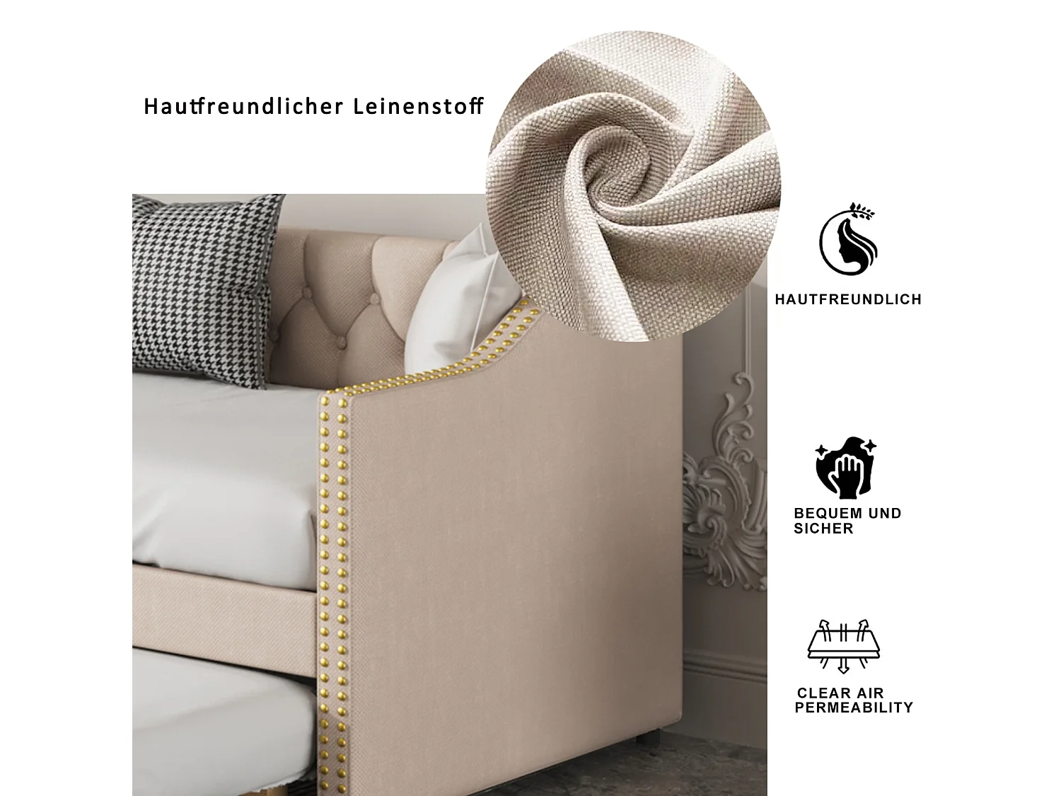 90x200cm uitschuifbed, slaapbank, 2-zits slaapbank, lattenbodems, moderne stijl slaapbank - Beige