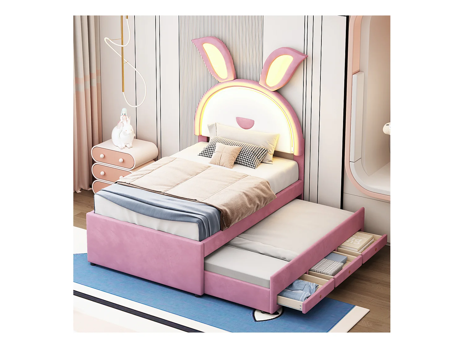 Lit gigogne 90x200+90x190cm, lit enfant capitonné en tissu velours, avec tiroir de rangement, tête de lit LED avec oreilles de lapin, rose