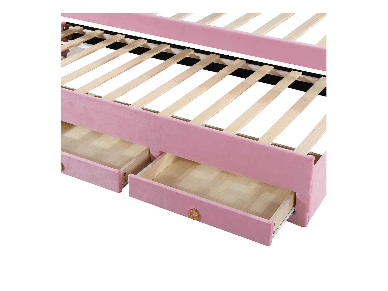 Lit gigogne 90x200+90x190cm, lit enfant capitonné en tissu velours, avec tiroir de rangement, tête de lit LED avec oreilles de lapin, rose