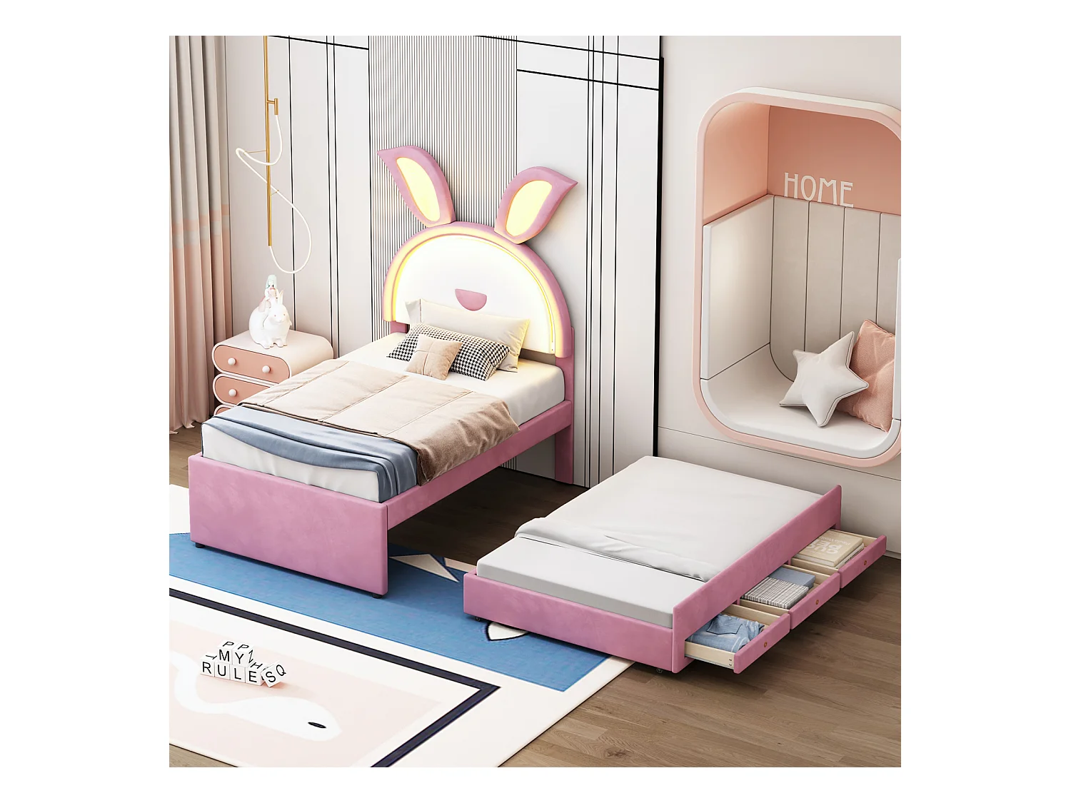 Lit gigogne 90x200+90x190cm, lit enfant capitonné en tissu velours, avec tiroir de rangement, tête de lit LED avec oreilles de lapin, rose