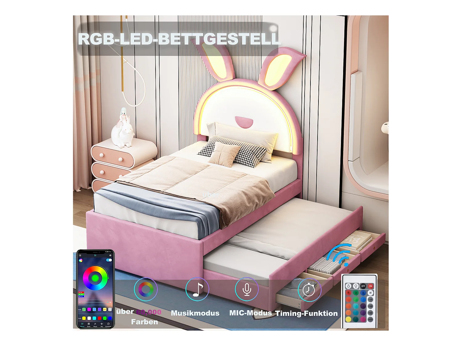 Lit gigogne 90x200+90x190cm, lit enfant capitonné en tissu velours, avec tiroir de rangement, tête de lit LED avec oreilles de lapin, rose