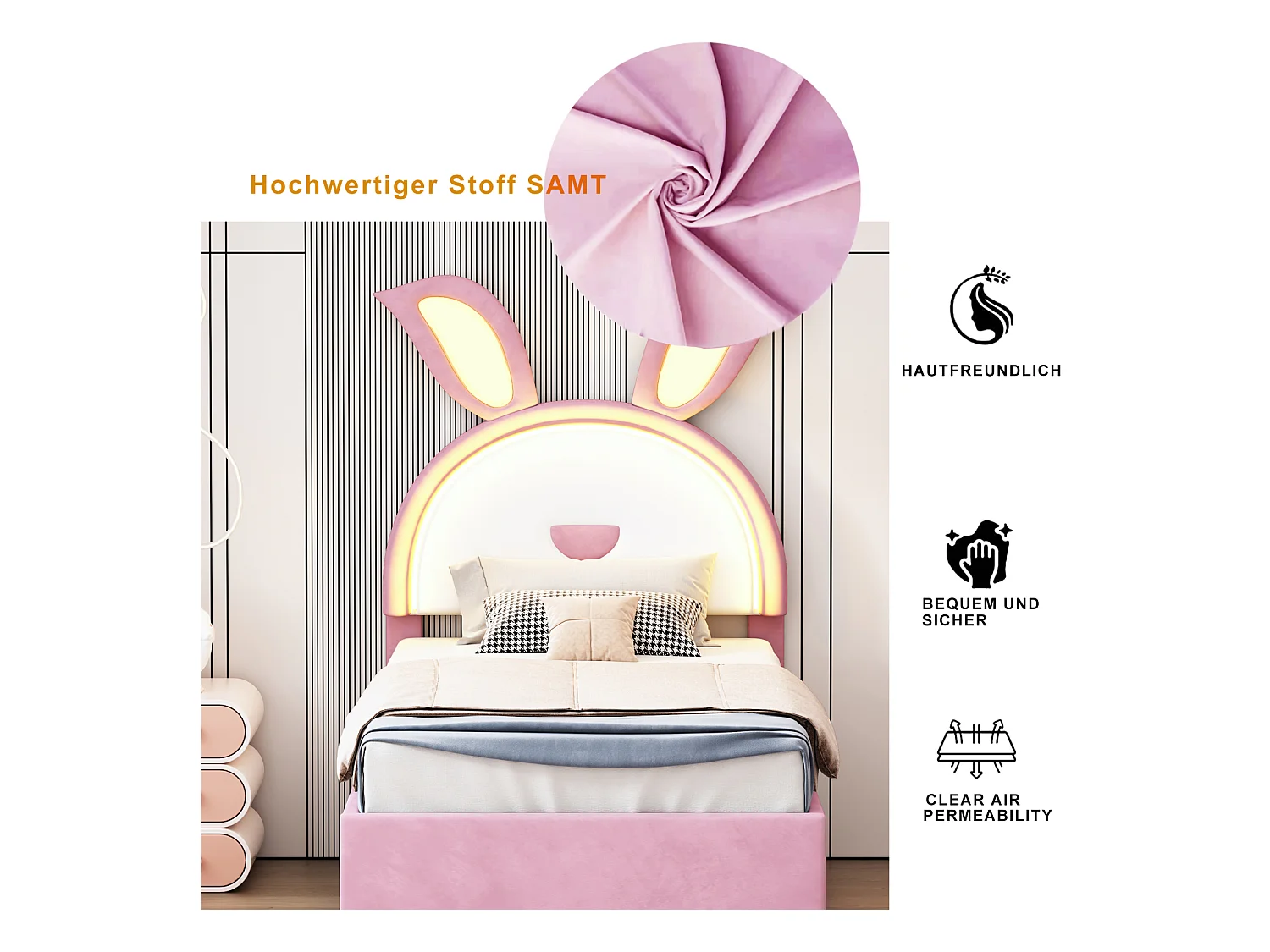 Lit gigogne 90x200+90x190cm, lit enfant capitonné en tissu velours, avec tiroir de rangement, tête de lit LED avec oreilles de lapin, rose