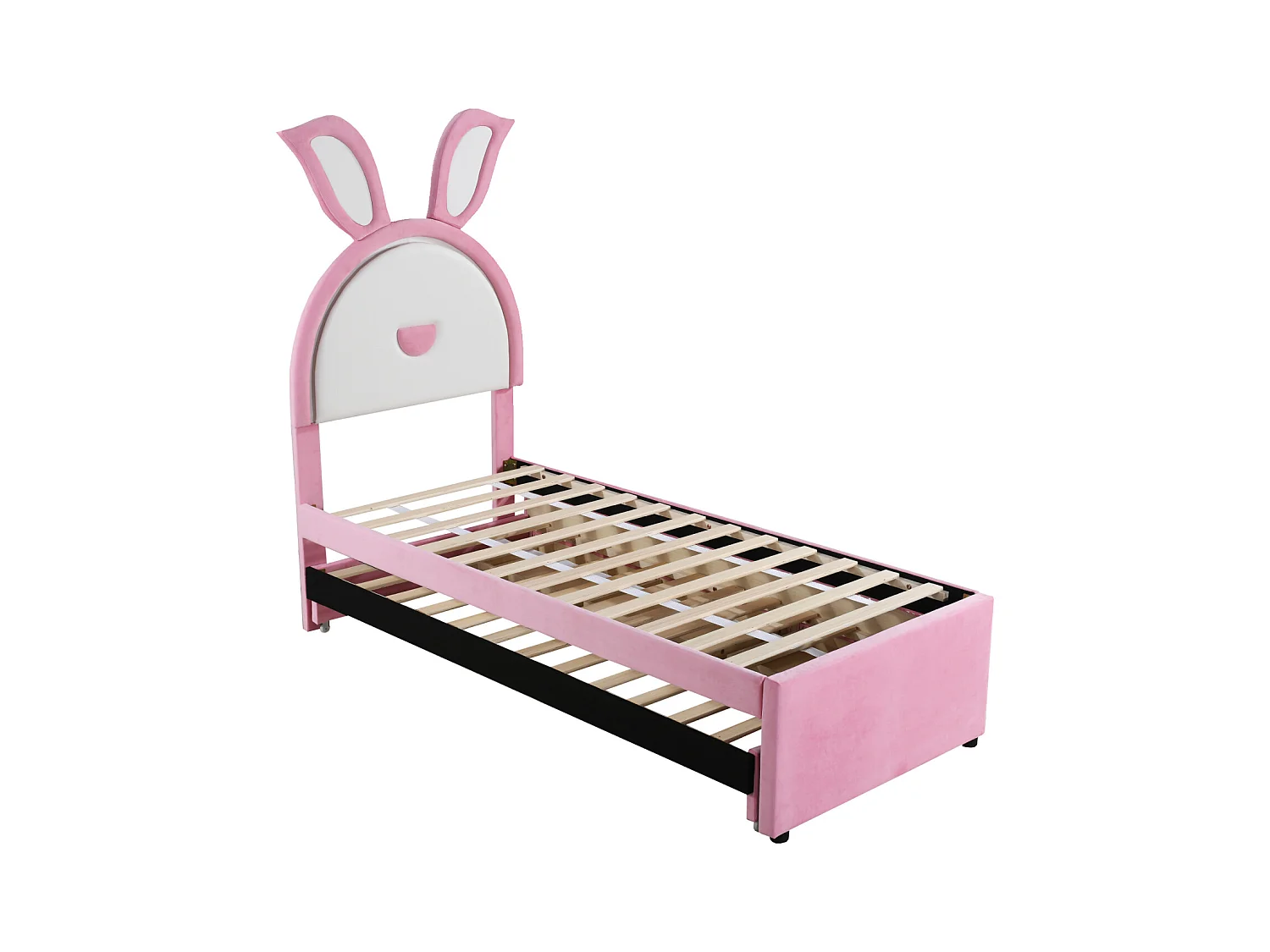Lit gigogne 90x200+90x190cm, lit enfant capitonné en tissu velours, avec tiroir de rangement, tête de lit LED avec oreilles de lapin, rose