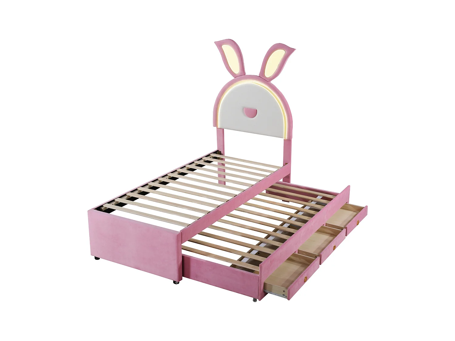Lit gigogne 90x200+90x190cm, lit enfant capitonné en tissu velours, avec tiroir de rangement, tête de lit LED avec oreilles de lapin, rose