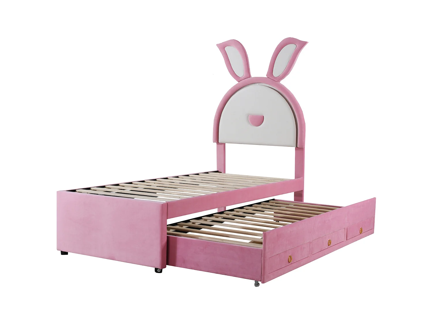 Lit gigogne 90x200+90x190cm, lit enfant capitonné en tissu velours, avec tiroir de rangement, tête de lit LED avec oreilles de lapin, rose