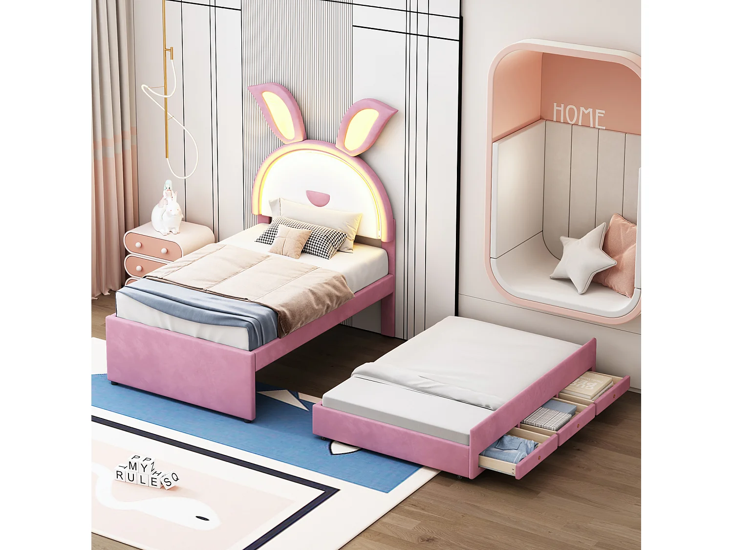 Lit gigogne 90x200+90x190cm, lit enfant capitonné en tissu velours, avec tiroir de rangement, tête de lit LED avec oreilles de lapin, rose