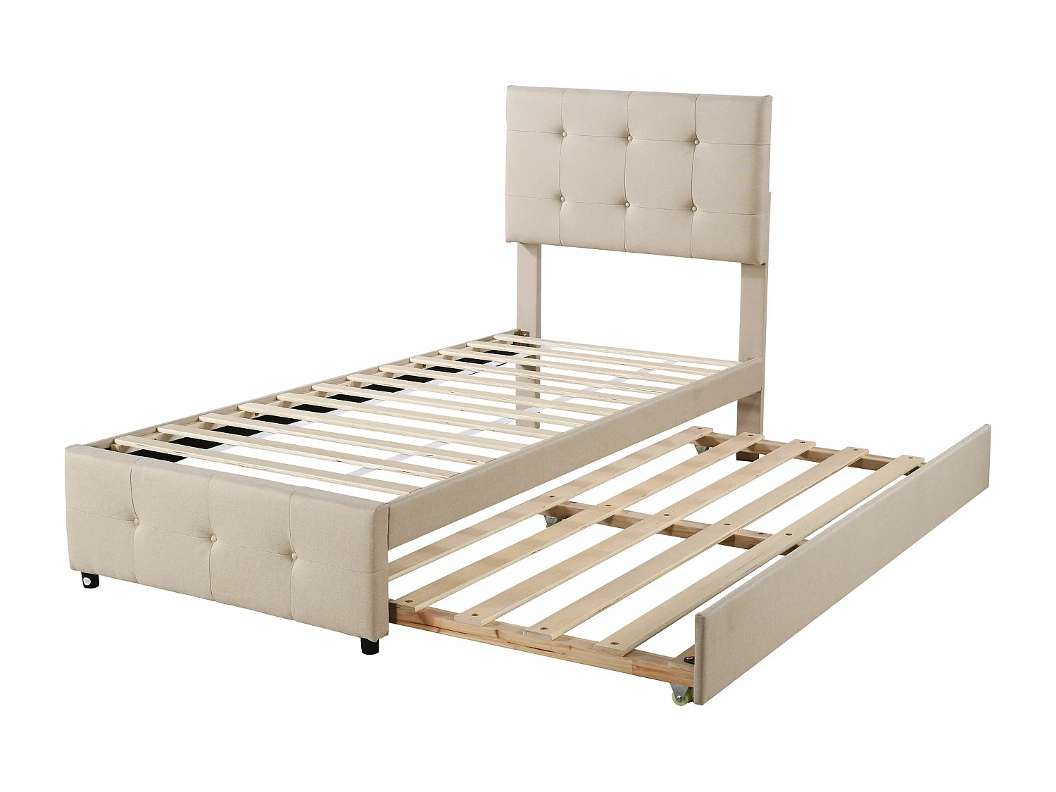 Letto estraibile 90x200cm+90x190cm, Letto imbottito per bambini, letto estensibile in lino con rete a doghe, testiera regolabile, beige