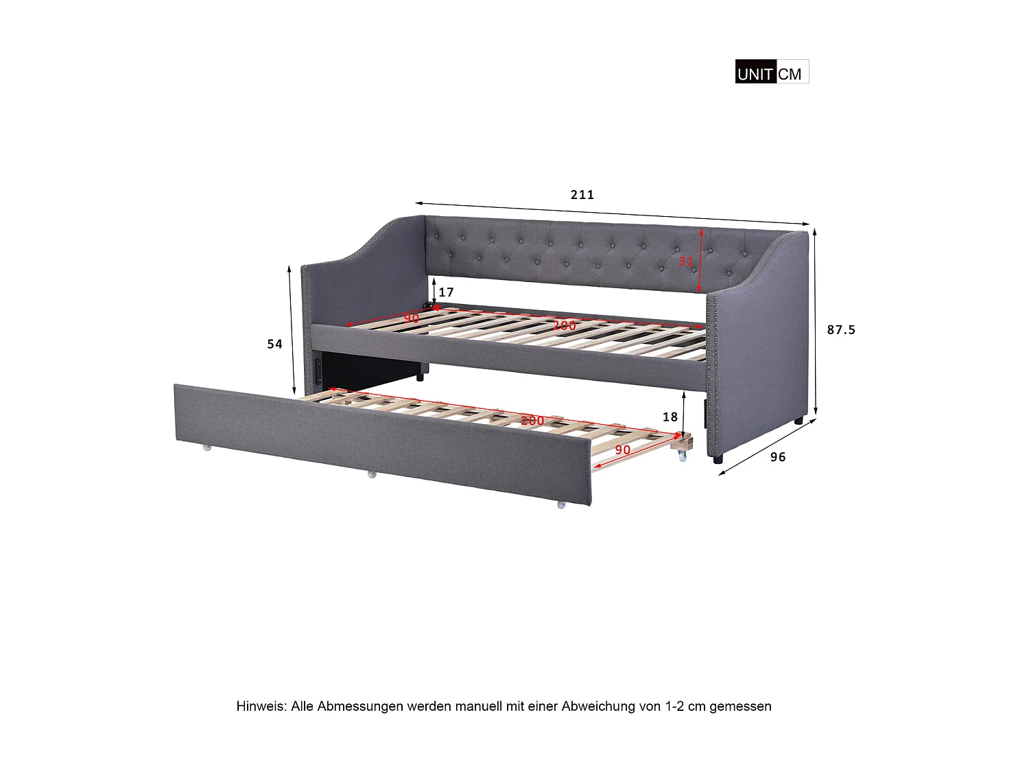 Cama individual 90x200cm, sofá-cama, cama de banco de 2 lugares, bases de ripas, sofá-cama convertível estilo moderno - Cinza