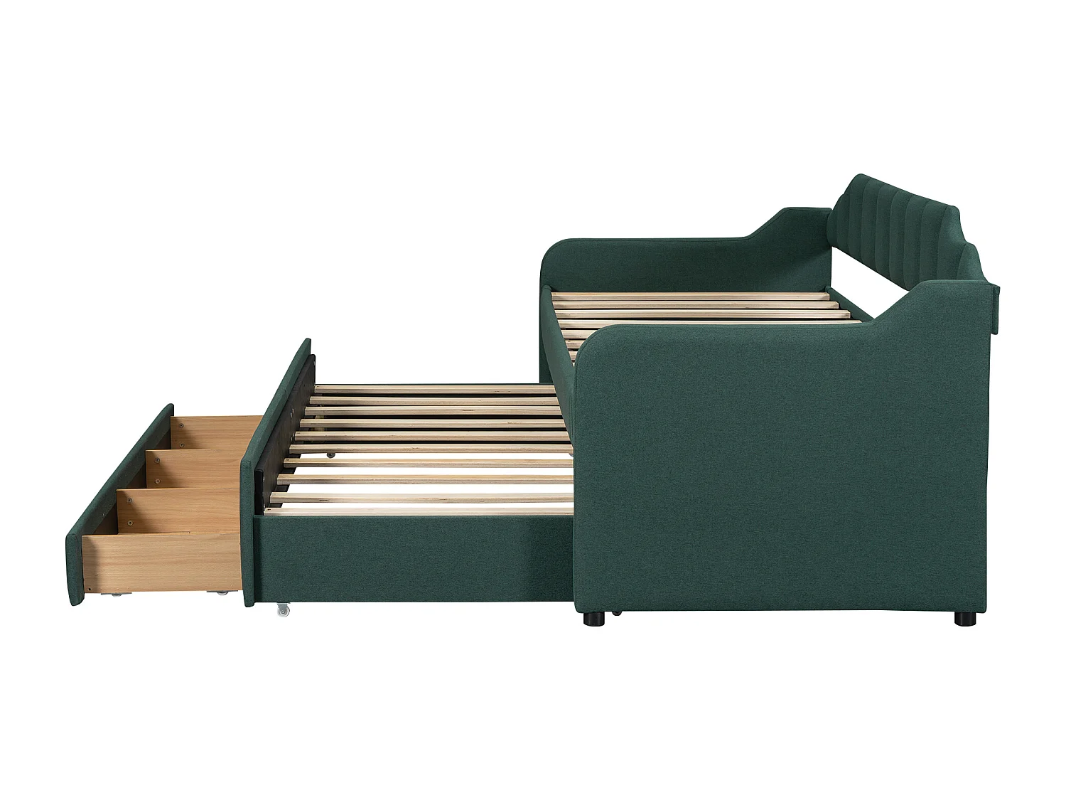 Uitschuifbed 90x200+90x190cm, gestoffeerd kinderbed met rolbox, laden, slaapbank, groen