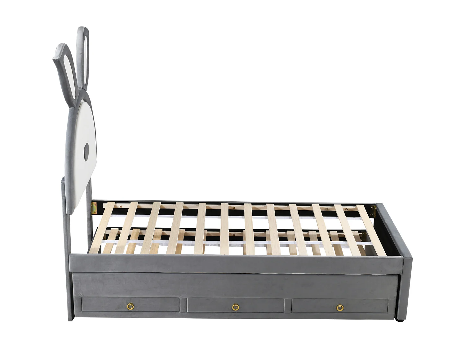 Uitschuifbed 90x200+90x190cm, kinderbed gestoffeerd in fluwelen stof, met opberglade, LED hoofdbord met konijnenoren, grijs