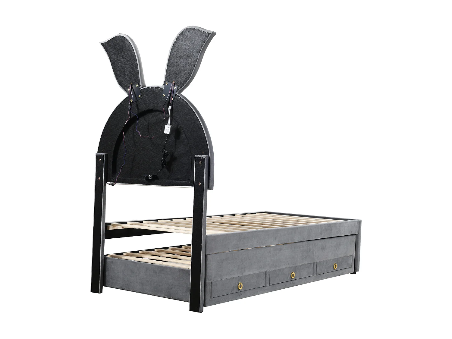 Uitschuifbed 90x200+90x190cm, kinderbed gestoffeerd in fluwelen stof, met opberglade, LED hoofdbord met konijnenoren, grijs