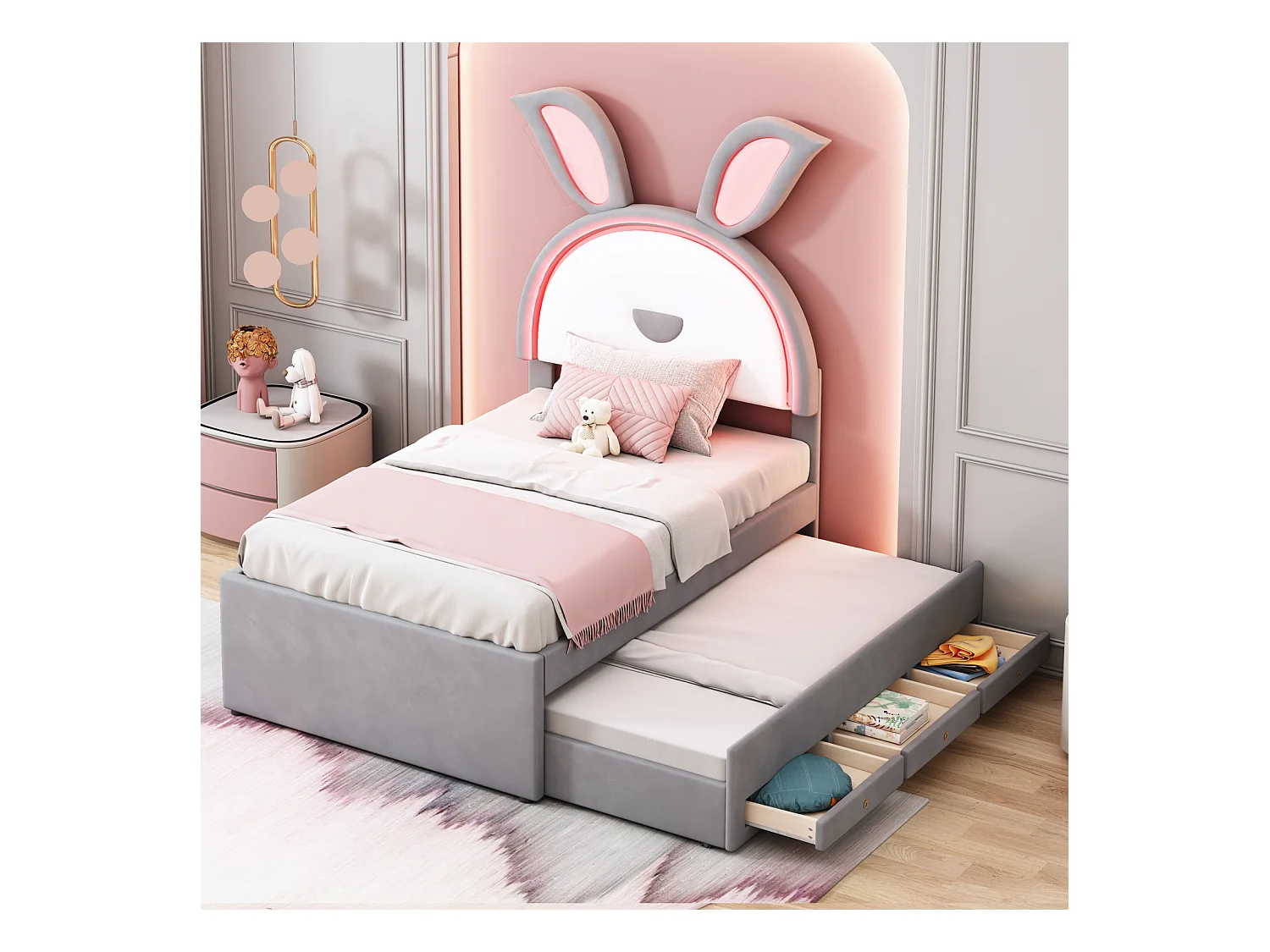 Lit gigogne 90x200+90x190cm, lit enfant capitonné en tissu velours, avec tiroir de rangement, tête de lit LED avec oreilles de lapin, gris